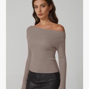 Elegant Off-Shoulder Taupe Sweater